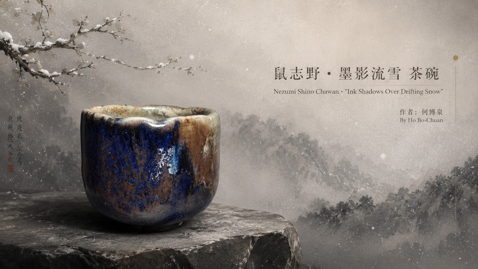 鼠志野 · 墨影流雪 茶碗 Nezumi Shino Chawan · "Ink Shadows Over Drifting Snow"